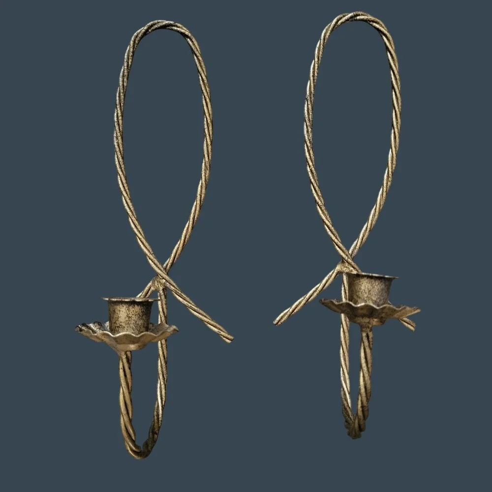 Vintage MCM Wall Candle Holder & Sconce Set Gold Tone Gilt Metal Rope Twisted